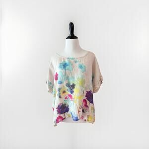 Italian Linen Colette Blouse Women’s Size M Watercolor Boxy Lagenlook Gray